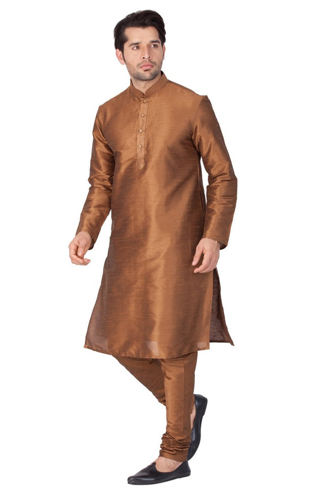 Men's Cotton Art Silk Solid Kurta And Pajama Set In Brown