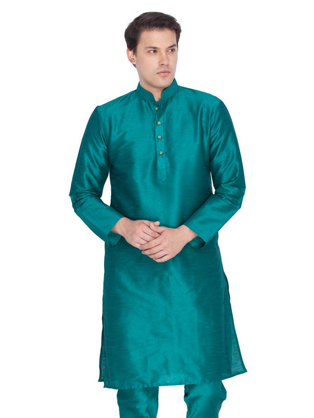 Men's Cotton Art Silk Solid Kurta In Green