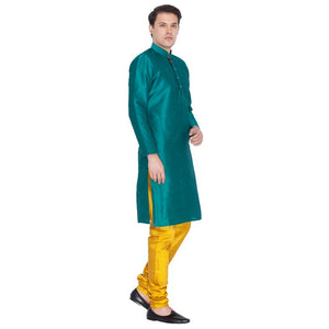 Men's Cotton Art Silk Solid Kurta And Pajama Set In Green