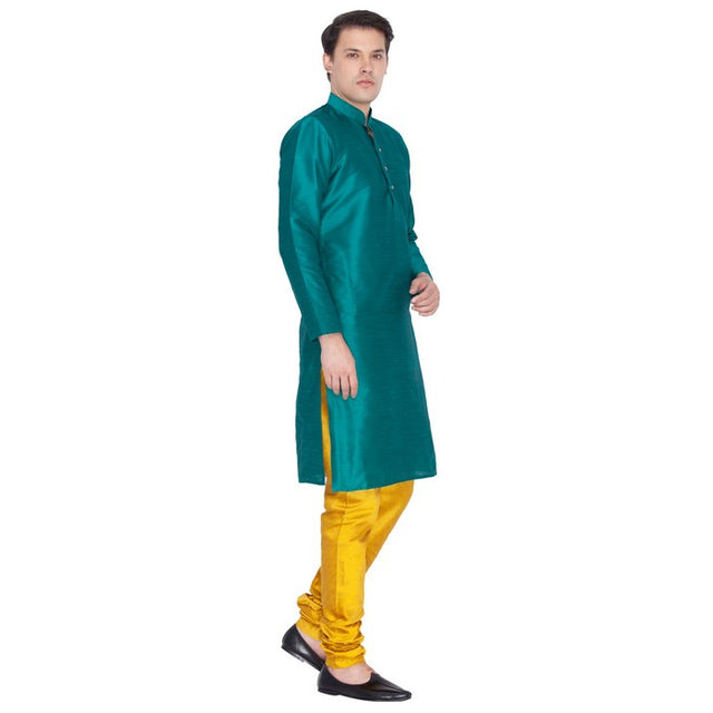 Men's Cotton Art Silk Solid Kurta And Pajama Set In Green