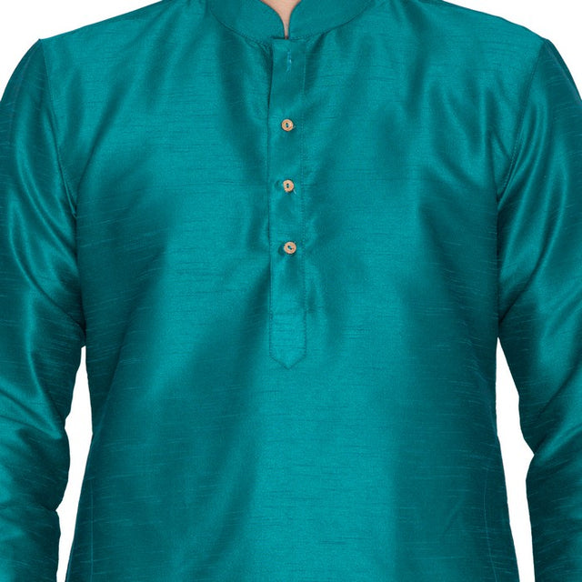 Men's Cotton Art Silk Solid Kurta And Pajama Set In Green