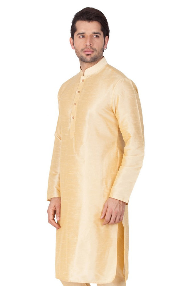 Men's Cotton Art Silk Solid Kurta In Gold