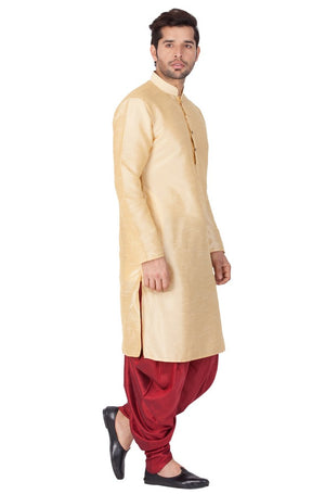 Men's Cotton Art Silk Solid Kurta And Cowl Dhoti Pant Set In Gold