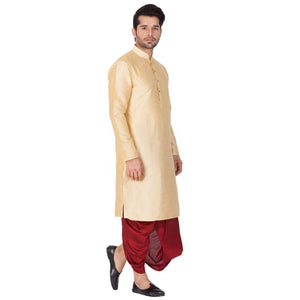 Men's Cotton Art Silk Solid Kurta And Dhoti Pant Set In Gold