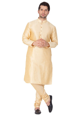 Men's Cotton Art Silk Solid Kurta And Pajama Set In Gold