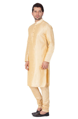 Men's Cotton Art Silk Solid Kurta And Pajama Set In Gold