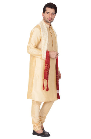 Men's Cotton Art Silk Solid Kurta Pajama And Dupatta Set In Gold