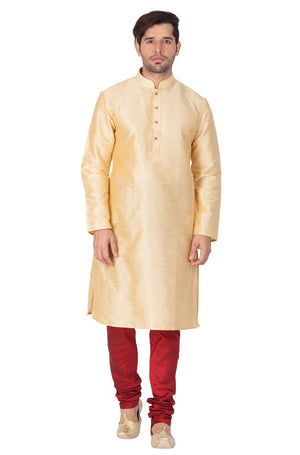 Men's Cotton Art Silk Solid Kurta And Pajama Set In Gold