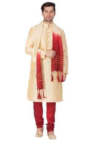 Men's Cotton Art Silk Solid Kurta Pajama And Dupatta Set In Gold
