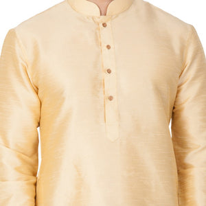 Men's Cotton Art Silk Solid Kurta Pajama And Dupatta Set In Gold