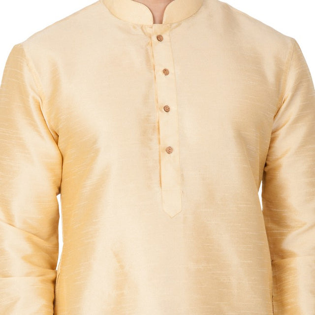 Men's Cotton Art Silk Solid Kurta Pajama And Dupatta Set In Gold