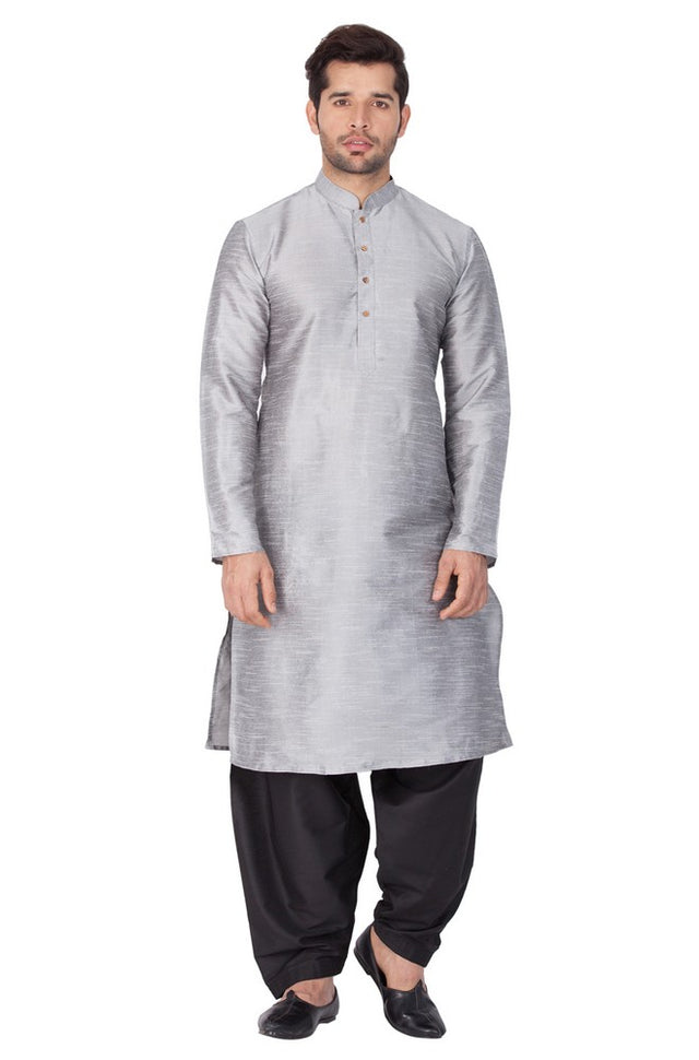 Men's Cotton Art Silk Solid Kurta And Cowl Dhoti Pant Set In Grey