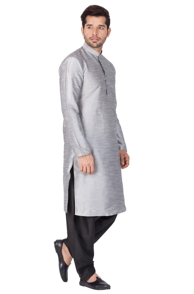 Men's Cotton Art Silk Solid Kurta And Cowl Dhoti Pant Set In Grey