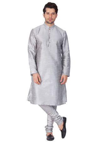 Men's Cotton Art Silk Solid Kurta And Pajama Set In Grey