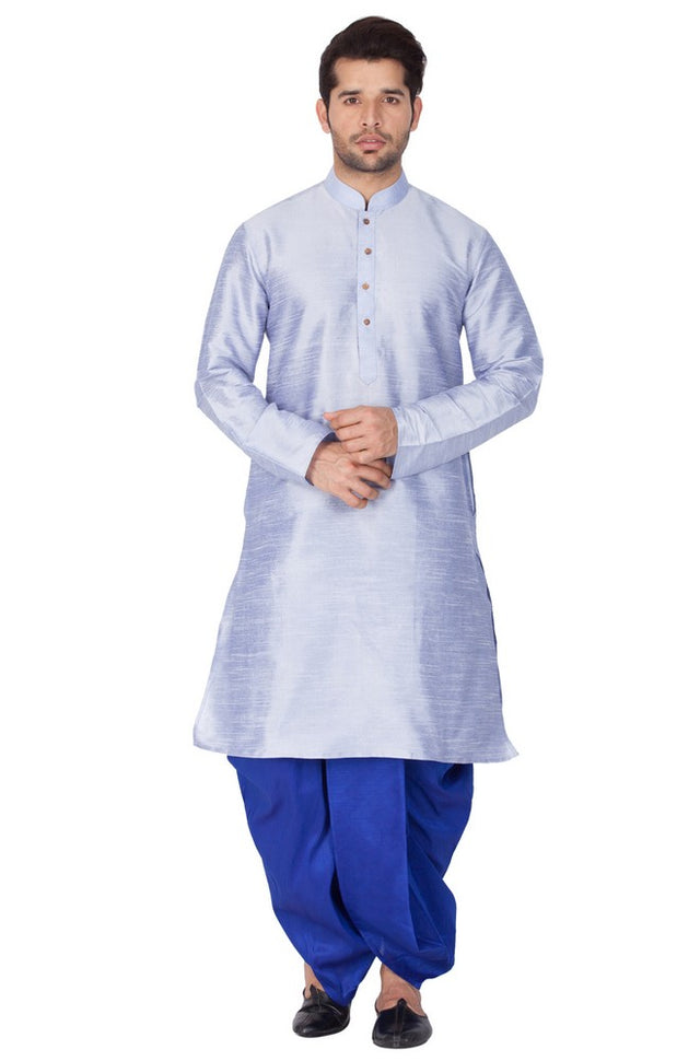 Men's Cotton Art Silk Solid Kurta And Dhoti Pant Set In Light Blue