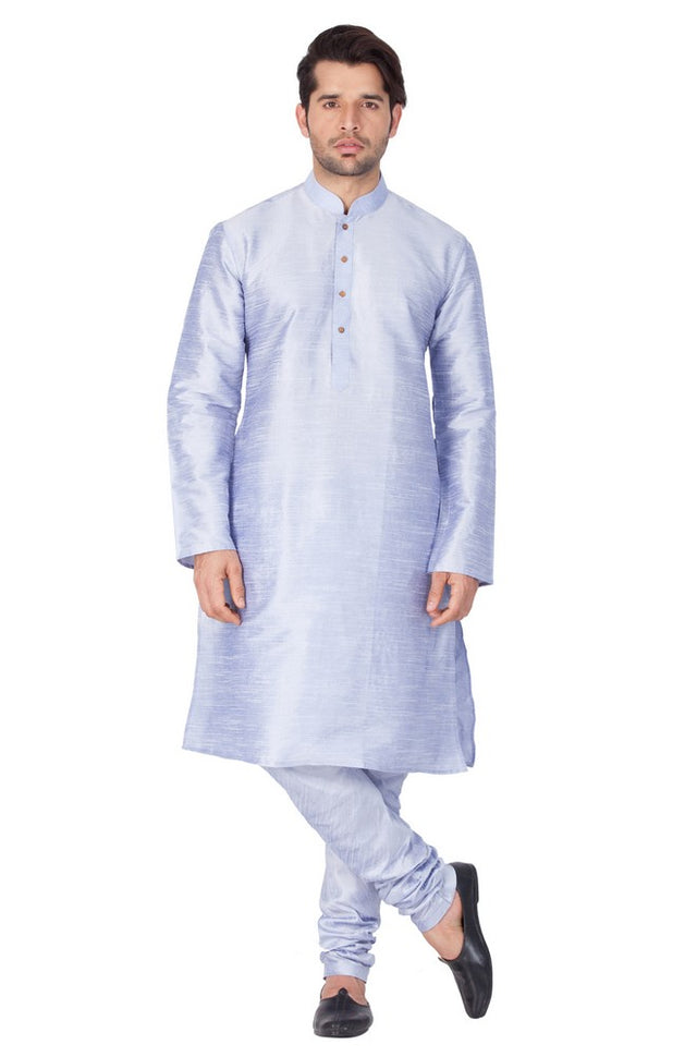 Men's Cotton Art Silk Solid Kurta And Pajama Set In Light Blue