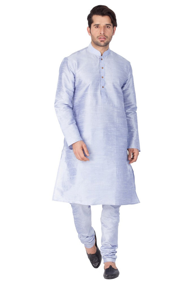 Men's Cotton Art Silk Solid Kurta And Pajama Set In Light Blue