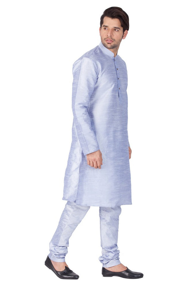 Men's Cotton Art Silk Solid Kurta And Pajama Set In Light Blue
