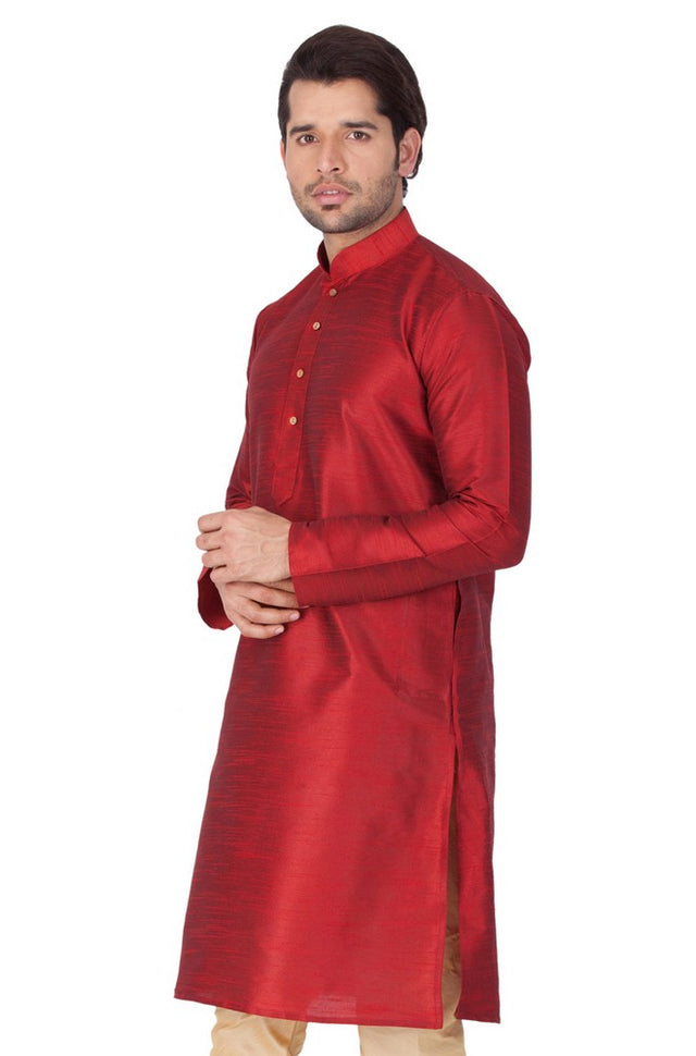 Men's Cotton Art Silk Solid Kurta In Maroon