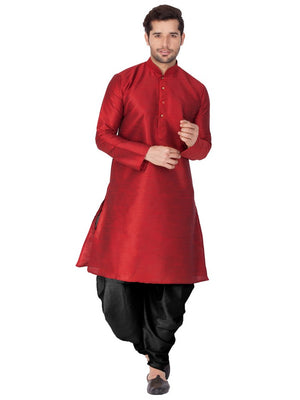 Men's Cotton Art Silk Solid Kurta And Cowl Dhoti Pant Set In Maroon