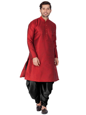 Men's Cotton Art Silk Solid Kurta And Cowl Dhoti Pant Set In Maroon