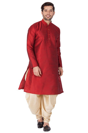 Men's Cotton Art Silk Solid Kurta And Cowl Dhoti Pant Set In Maroon