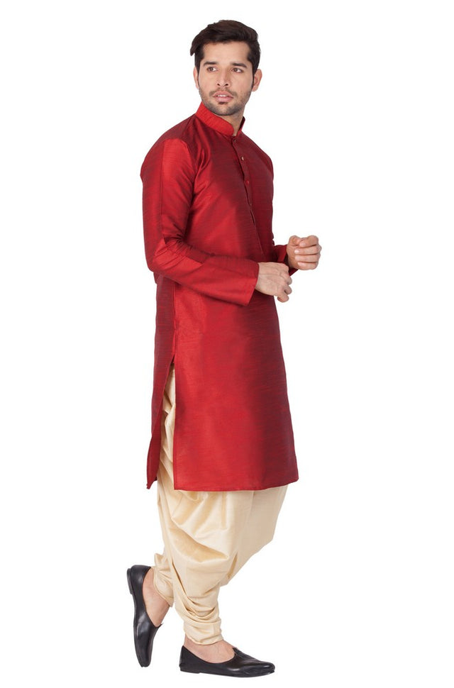 Men's Cotton Art Silk Solid Kurta And Cowl Dhoti Pant Set In Maroon