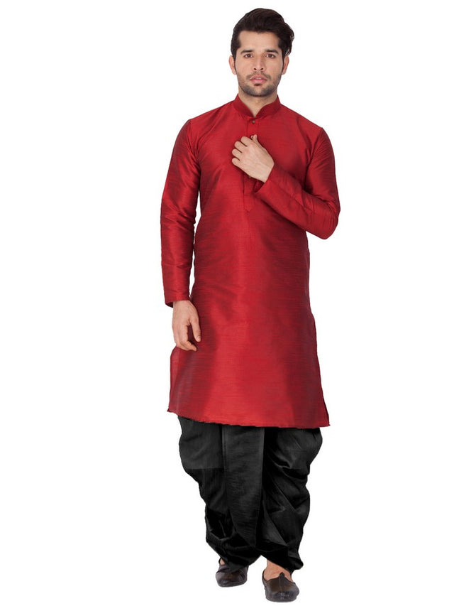 Men's Cotton Art Silk Solid Kurta And Dhoti Pant Set In Maroon