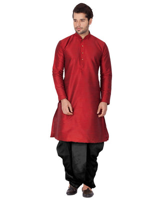 Men's Cotton Art Silk Solid Kurta And Dhoti Pant Set In Maroon