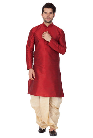 Men's Cotton Art Silk Solid Kurta And Dhoti Pant Set In Maroon
