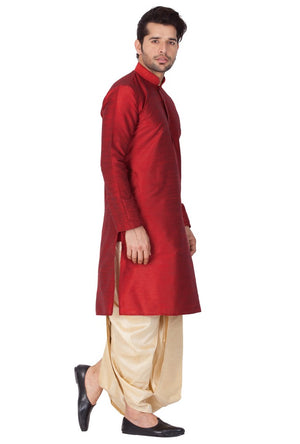 Men's Cotton Art Silk Solid Kurta And Dhoti Pant Set In Maroon