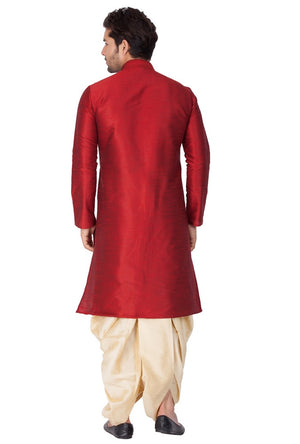 Men's Cotton Art Silk Solid Kurta And Dhoti Pant Set In Maroon