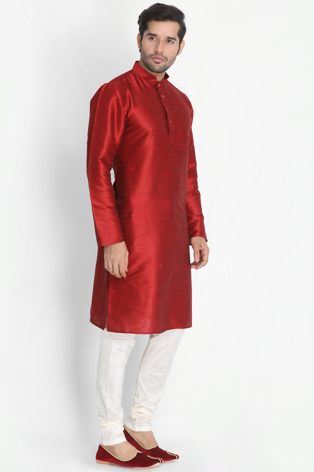 Men's Cotton Art Silk Kurta Set In Maroon