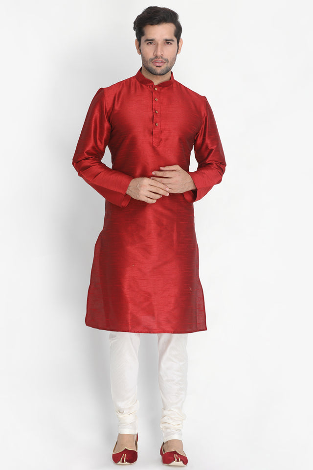 Men's Cotton Art Silk Kurta Set In Maroon
