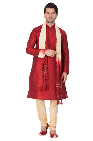 Men's Cotton Art Silk Solid Kurta Pajama And Dupatta Set In Maroon