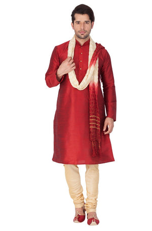 Men's Cotton Art Silk Solid Kurta Pajama And Dupatta Set In Maroon