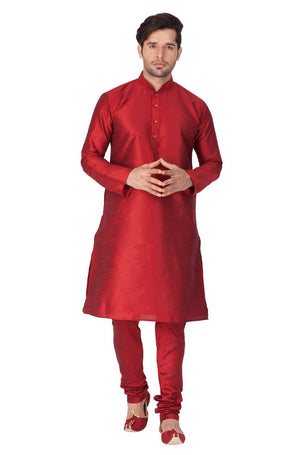 Men's Cotton Art Silk Solid Kurta And Pajama Set In Maroon