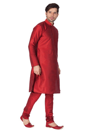 Men's Cotton Art Silk Solid Kurta And Pajama Set In Maroon