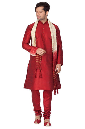Men's Cotton Art Silk Solid Kurta Pajama And Dupatta Set In Maroon