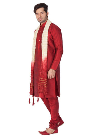 Men's Cotton Art Silk Solid Kurta Pajama And Dupatta Set In Maroon