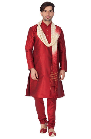 Men's Cotton Art Silk Solid Kurta Pajama And Dupatta Set In Maroon