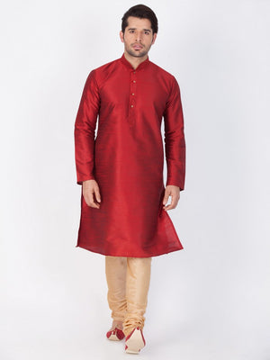 Men's Cotton Art Silk Solid Kurta And Pajama Set In Maroon