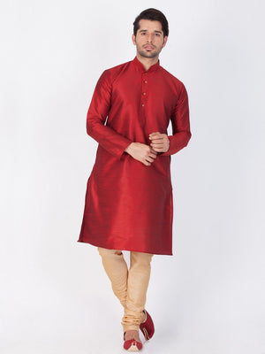 Men's Cotton Art Silk Solid Kurta And Pajama Set In Maroon
