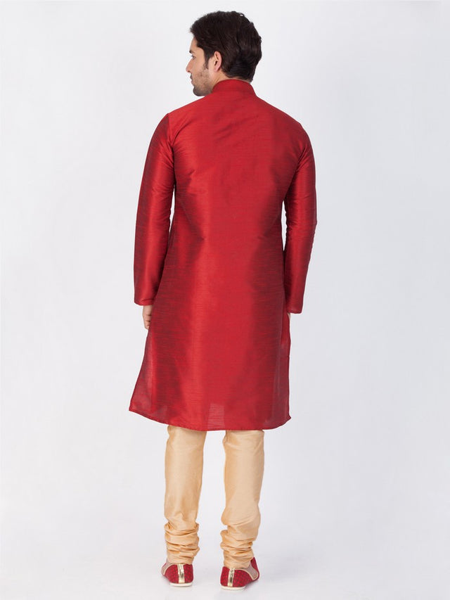 Men's Cotton Art Silk Solid Kurta And Pajama Set In Maroon