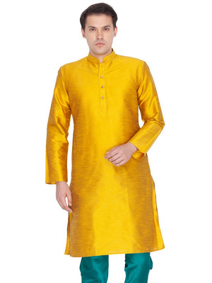 Men's Cotton Art Silk Solid Kurta In Gold