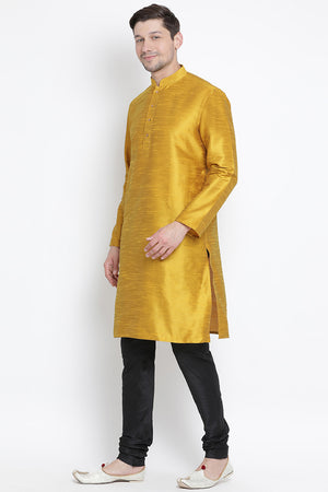 Men's Cotton Art Silk Kurta Set In Yellow