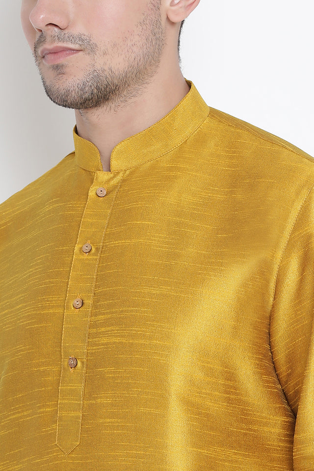 Men's Cotton Art Silk Kurta Set In Yellow