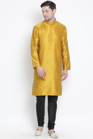 Men's Cotton Art Silk Kurta Set In Yellow