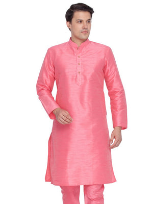 Men's Cotton Art Silk Solid Kurta In Pink
