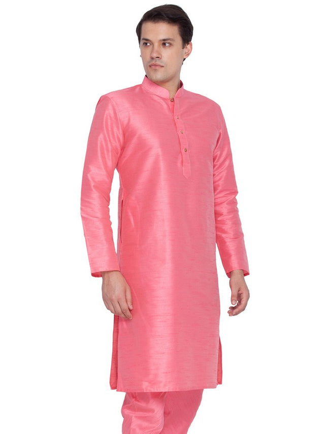 Men's Cotton Art Silk Solid Kurta In Pink